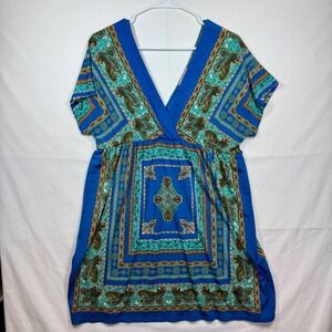 Epilogue Paisley Print Mini Dress V-Neck Short Sleeve Blue Boho Sz‎ Large No Tag